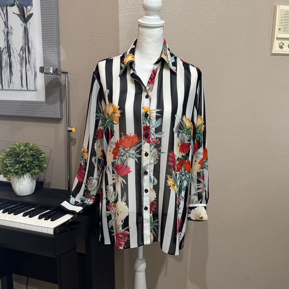 Med Sheer Print Top Blouse 100% Poly Multi Color Black White Stripe by Mishca